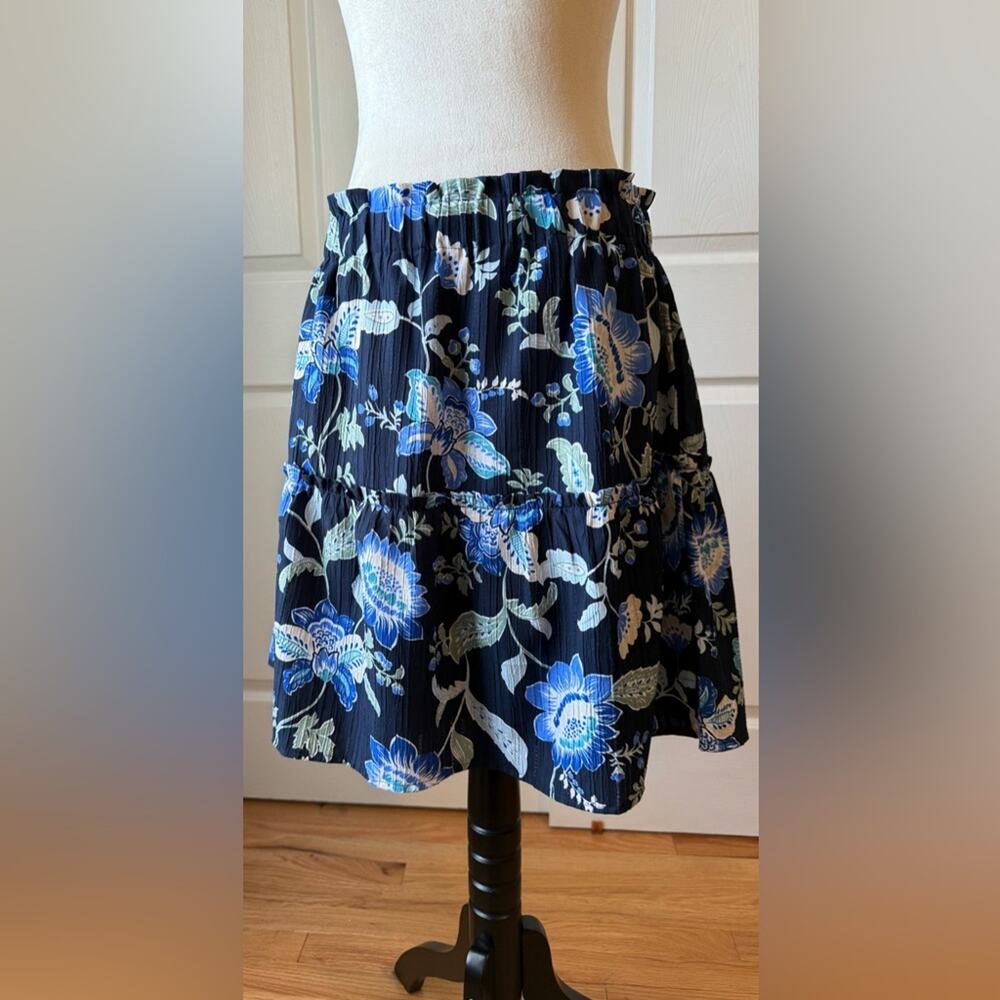 LOFT Blue Floral Flowy Tiered Ruffle Skirt Elastic Waist NWT Womens Sz L Petite